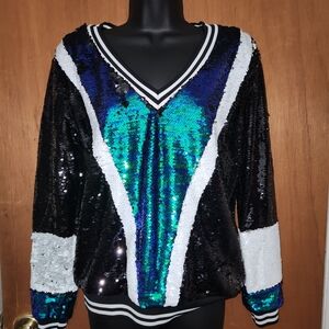 Sequin V-Neck Sweater in Black and Blue
